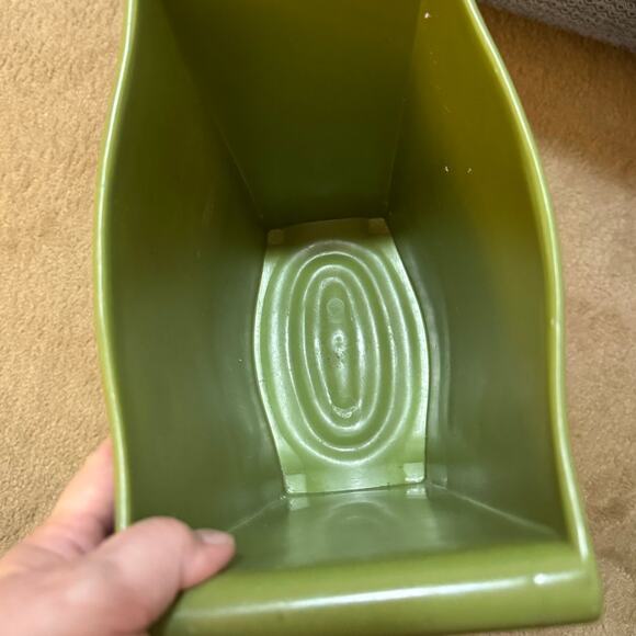 Vintage 70s Avocado Green Small Wastebasket Gold Leaves Mid Century Modern 11" - Picture 8 of 10